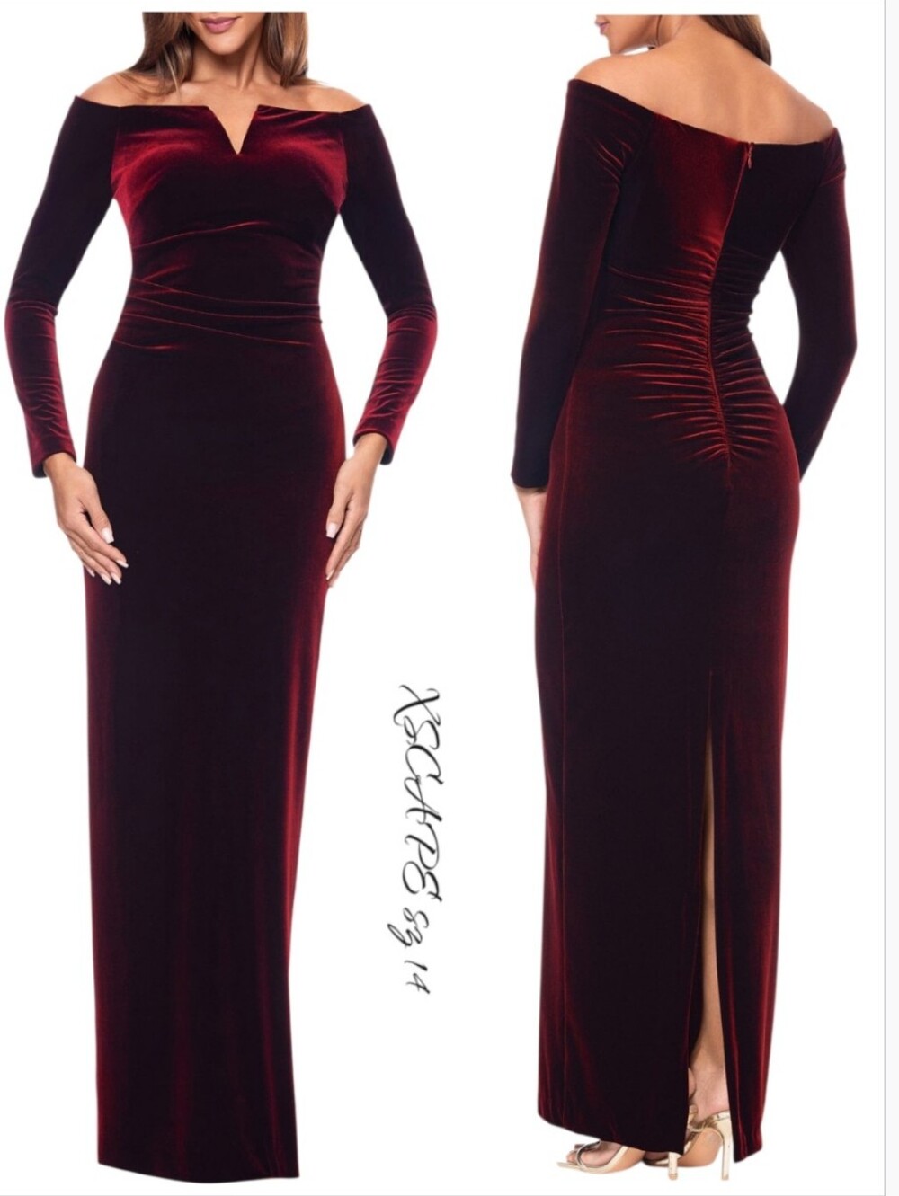 XSCAPE Burgundy Velvet Off The Shoulder Long Sleeve Gown Size 14